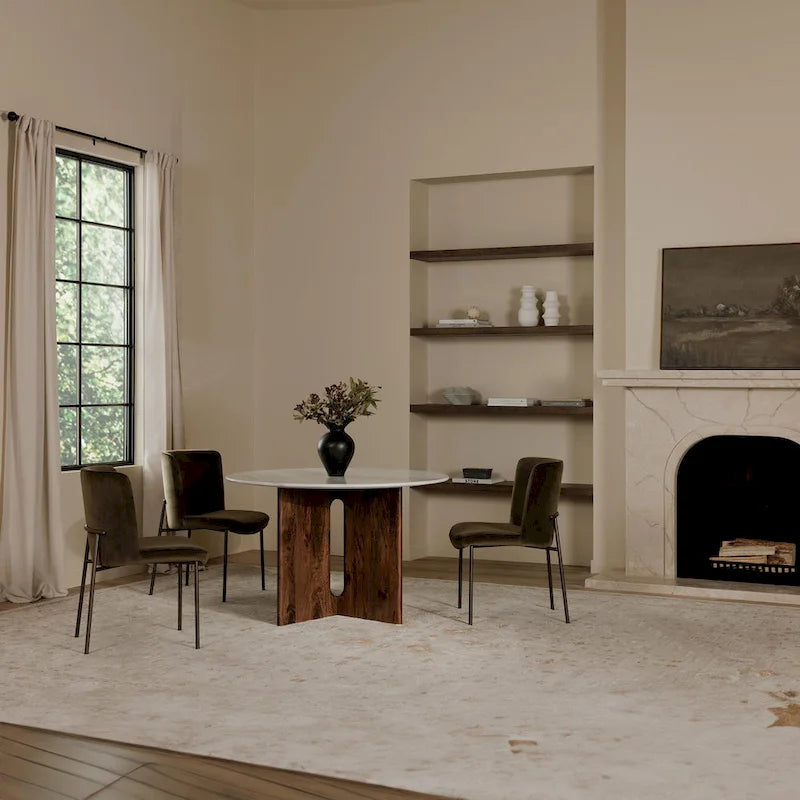 48 Inch Round Dining Table with Sculptural Cross Base Seats 4 in Marble or Solid Mango Wood
