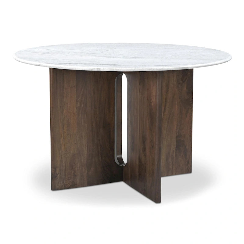 48 Inch Round Dining Table with Sculptural Cross Base Seats 4 in Marble or Solid Mango Wood