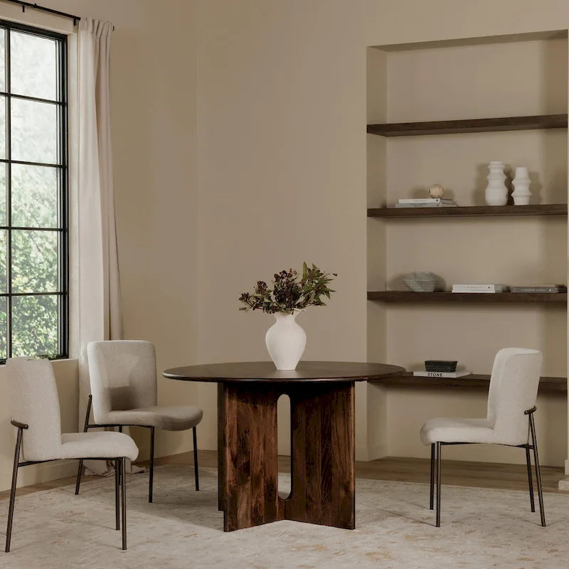 48 Inch Round Dining Table with Sculptural Cross Base Seats 4 in Marble or Solid Mango Wood