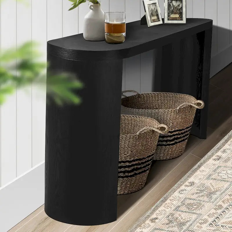 Modern 60 Inch Console Table with Oval Top Curved T-Shape Legs and Open Base