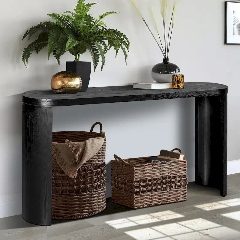 Modern 60 Inch Console Table with Oval Top Curved T-Shape Legs and Open Base