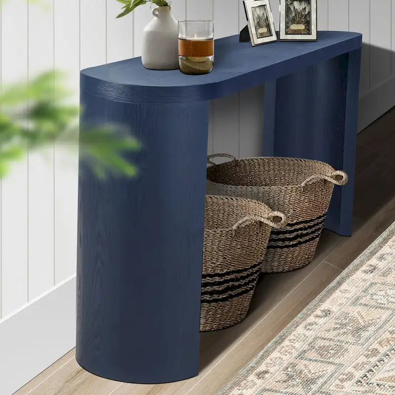 Modern 60 Inch Console Table with Oval Top Curved T-Shape Legs and Open Base