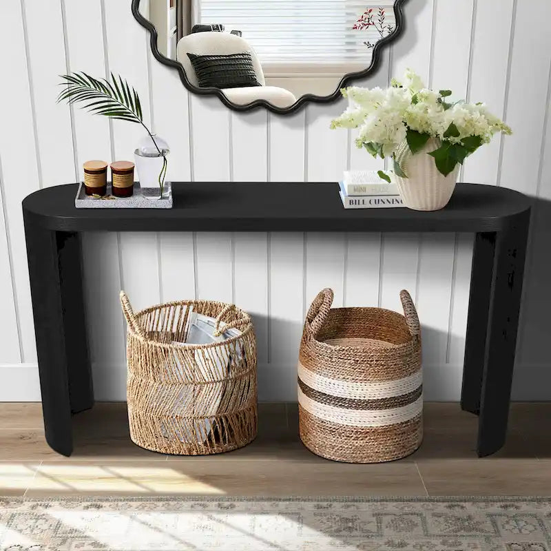Modern 60 Inch Console Table with Oval Top Curved T-Shape Legs and Open Base