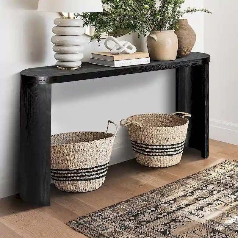 Modern 60 Inch Console Table with Oval Top Curved T-Shape Legs and Open Base
