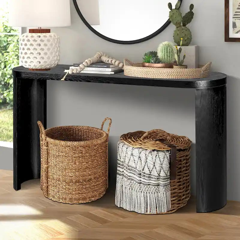 Modern 60 Inch Console Table with Oval Top Curved T-Shape Legs and Open Base