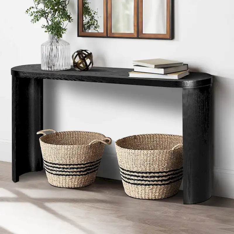 Modern 60 Inch Console Table with Oval Top Curved T-Shape Legs and Open Base