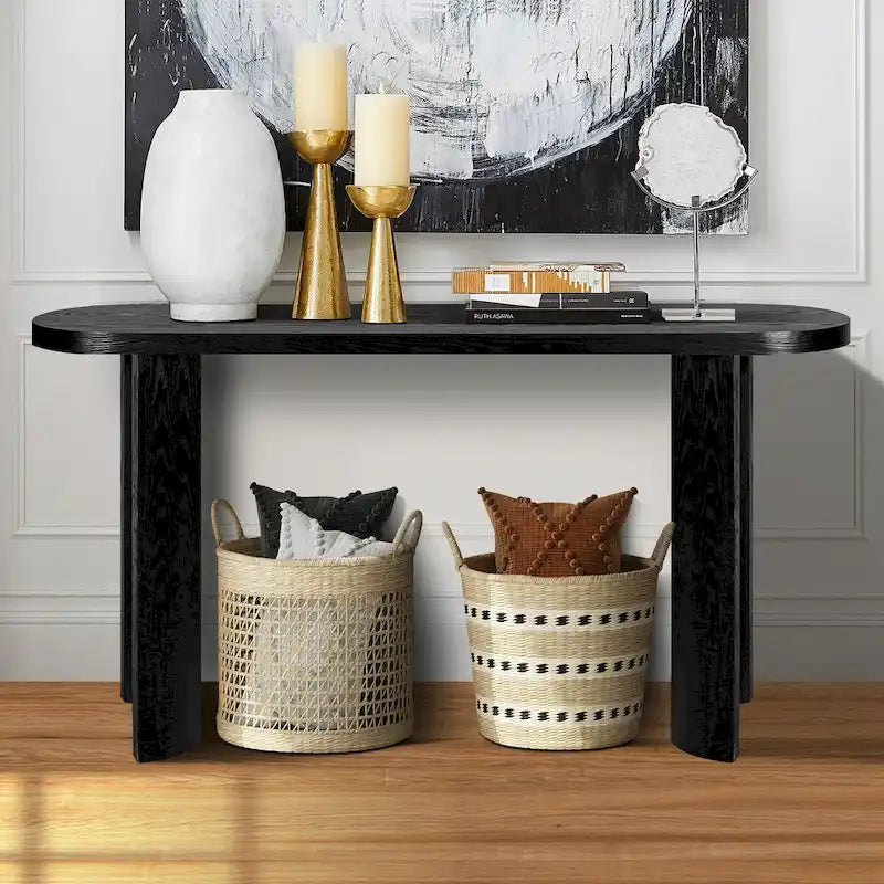 Modern 60 Inch Console Table with Oval Top Curved T-Shape Legs and Open Base