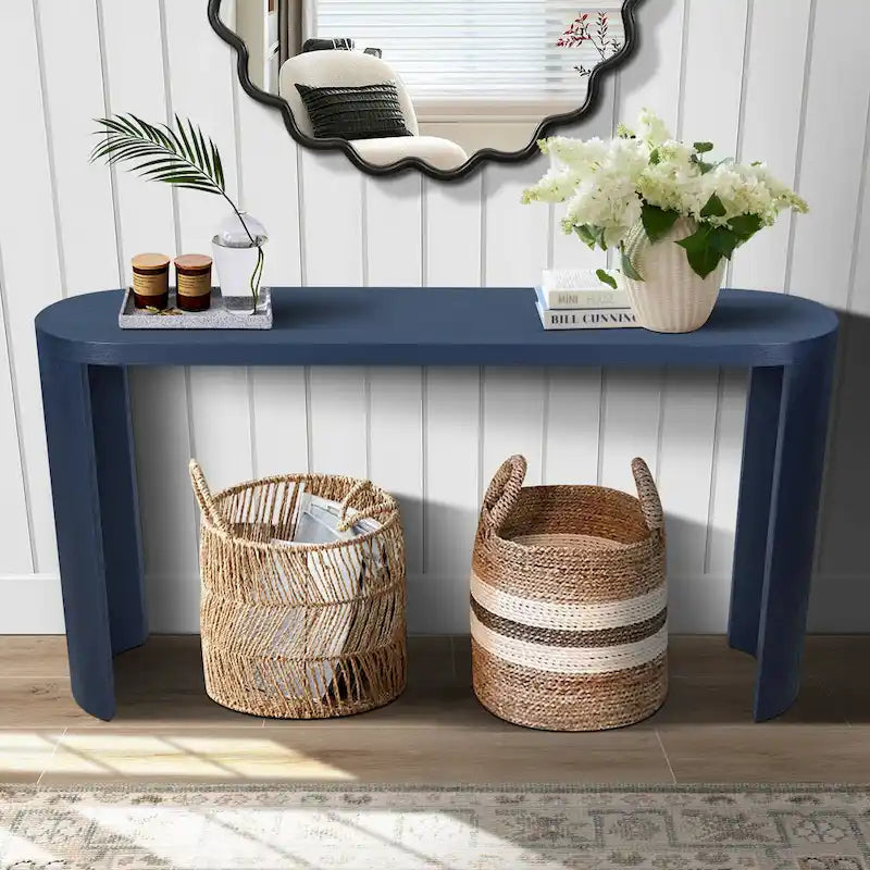Modern 60 Inch Console Table with Oval Top Curved T-Shape Legs and Open Base