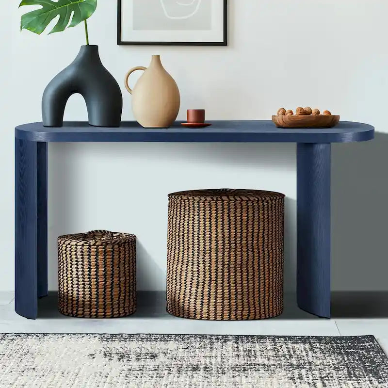 Modern 60 Inch Console Table with Oval Top Curved T-Shape Legs and Open Base