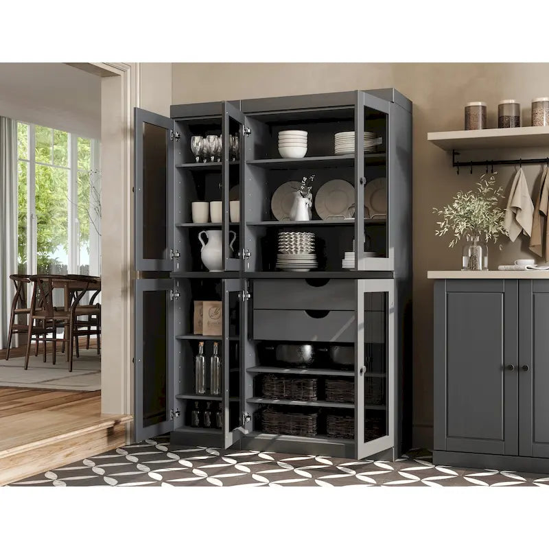 48.5 Inch Wide Solid Wood Pantry Cabinet with Glass Doors 2 Drawers and Adjustable Shelves Stackable