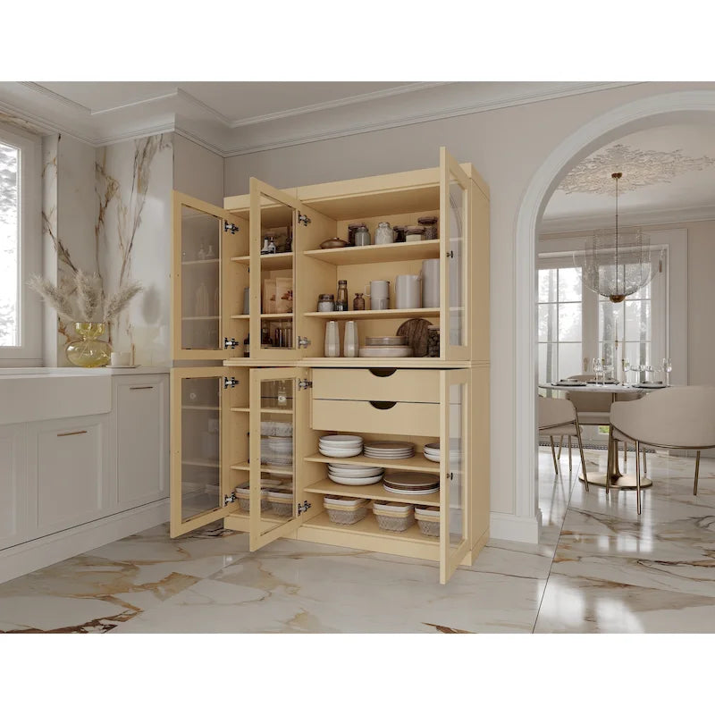 48.5 Inch Wide Solid Wood Pantry Cabinet with Glass Doors 2 Drawers and Adjustable Shelves Stackable