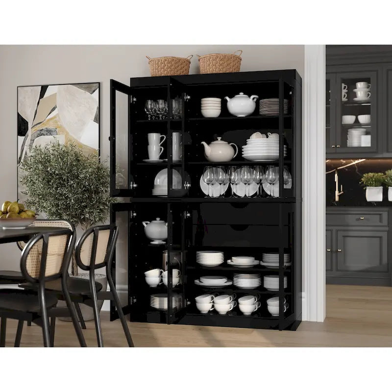 48.5 Inch Wide Solid Wood Pantry Cabinet with Glass Doors 2 Drawers and Adjustable Shelves Stackable