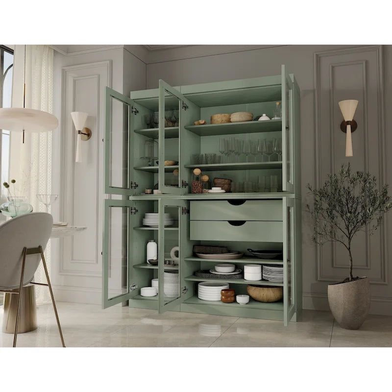 48.5 Inch Wide Solid Wood Pantry Cabinet with Glass Doors 2 Drawers and Adjustable Shelves Stackable