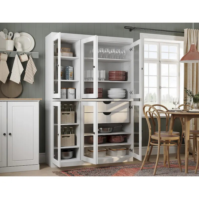 48.5 Inch Wide Solid Wood Pantry Cabinet with Glass Doors 2 Drawers and Adjustable Shelves Stackable