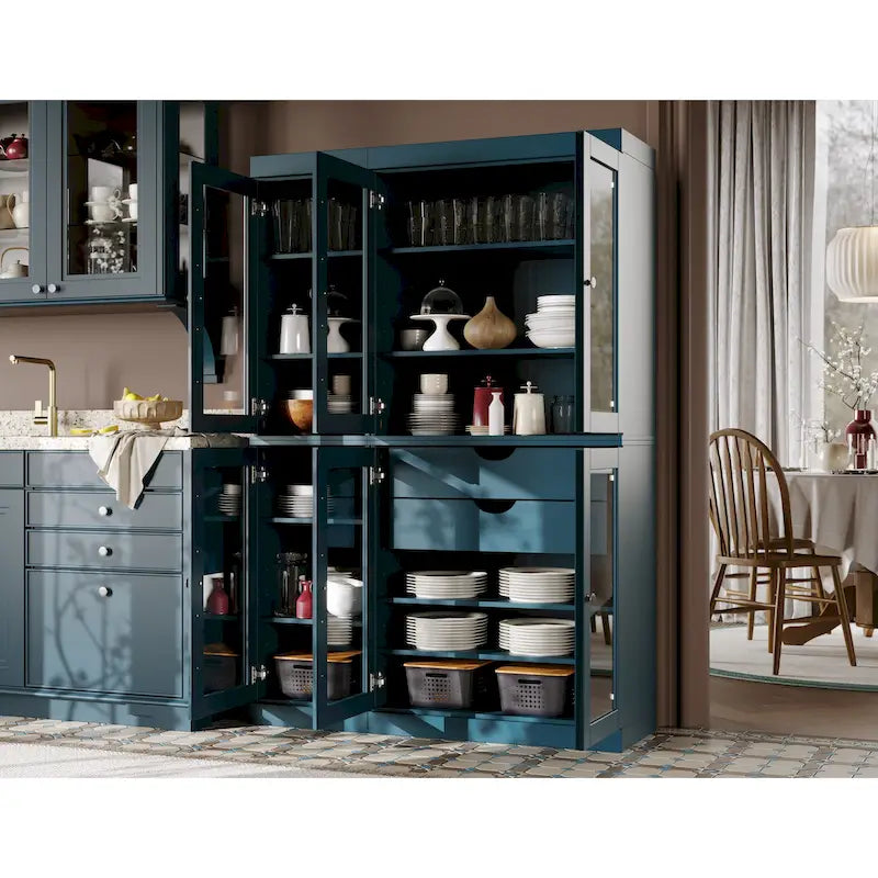 48.5 Inch Wide Solid Wood Pantry Cabinet with Glass Doors 2 Drawers and Adjustable Shelves Stackable