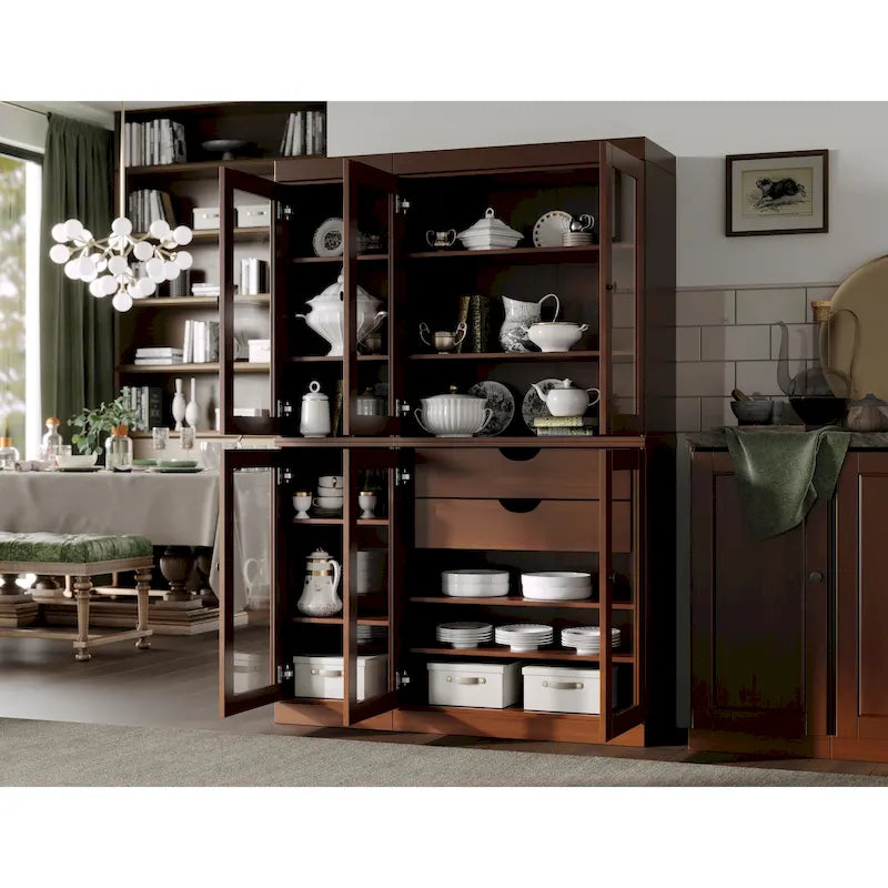 48.5 Inch Wide Solid Wood Pantry Cabinet with Glass Doors 2 Drawers and Adjustable Shelves Stackable