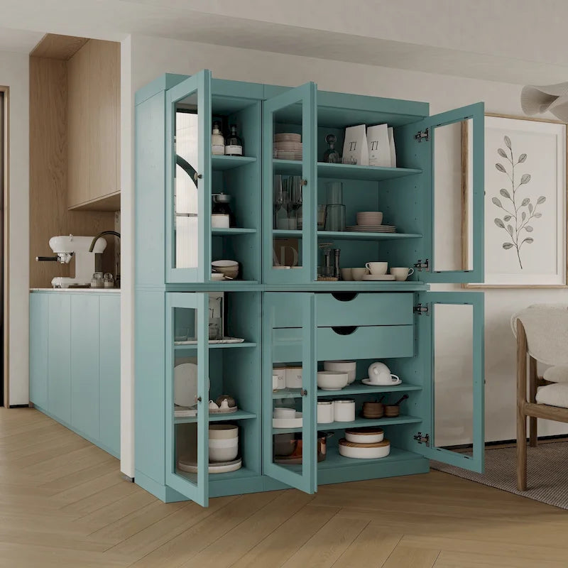 48.5 Inch Wide Solid Wood Pantry Cabinet with Glass Doors 2 Drawers and Adjustable Shelves Stackable