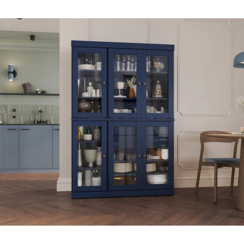 48.5 Inch Wide Solid Wood Pantry Cabinet with Glass Doors 2 Drawers and Adjustable Shelves Stackable