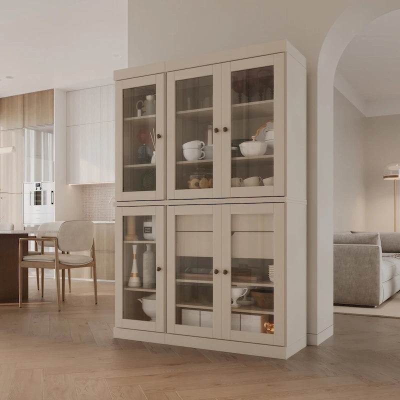 48.5 Inch Wide Solid Wood Pantry Cabinet with Glass Doors 2 Drawers and Adjustable Shelves Stackable