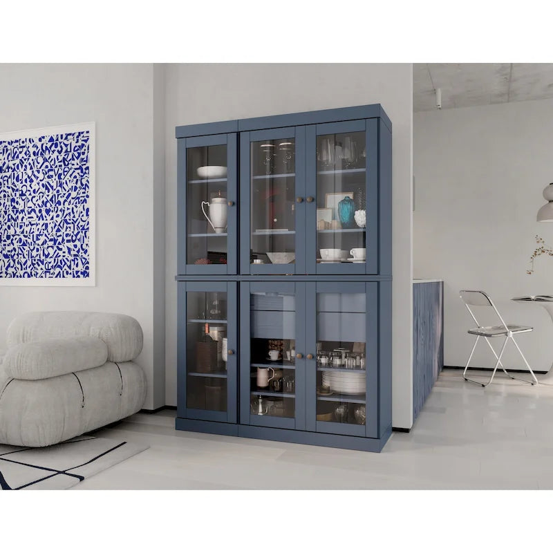 48.5 Inch Wide Solid Wood Pantry Cabinet with Glass Doors 2 Drawers and Adjustable Shelves Stackable