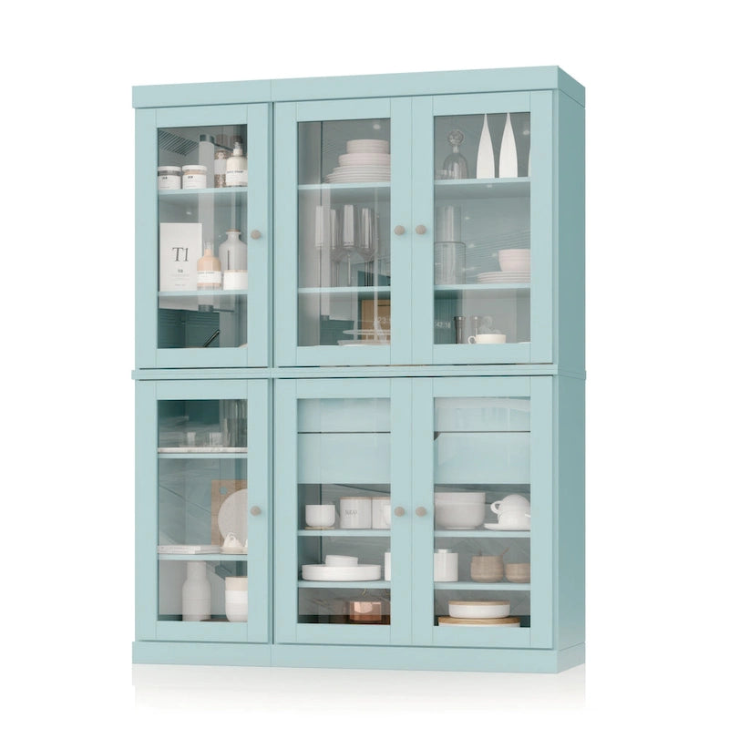 48.5 Inch Wide Solid Wood Pantry Cabinet with Glass Doors 2 Drawers and Adjustable Shelves Stackable