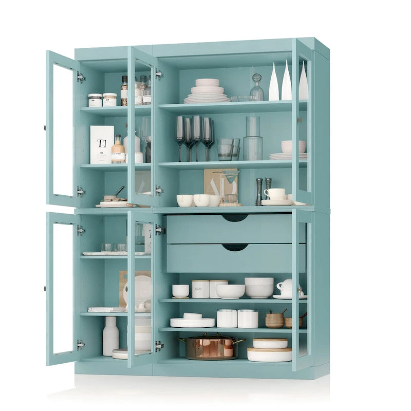 48.5 Inch Wide Solid Wood Pantry Cabinet with Glass Doors 2 Drawers and Adjustable Shelves Stackable