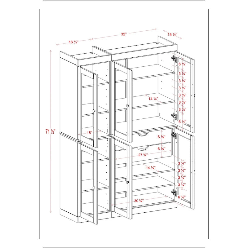 48.5 Inch Wide Solid Wood Pantry Cabinet with Glass Doors 2 Drawers and Adjustable Shelves Stackable