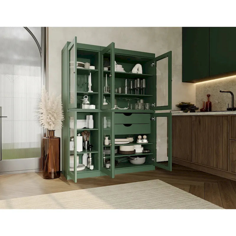 48.5 Inch Wide Solid Wood Pantry Cabinet with Glass Doors 2 Drawers and Adjustable Shelves Stackable