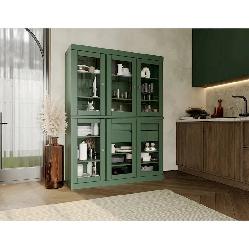 48.5 Inch Wide Solid Wood Pantry Cabinet with Glass Doors 2 Drawers and Adjustable Shelves Stackable