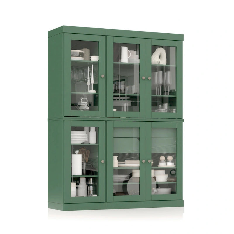 48.5 Inch Wide Solid Wood Pantry Cabinet with Glass Doors 2 Drawers and Adjustable Shelves Stackable