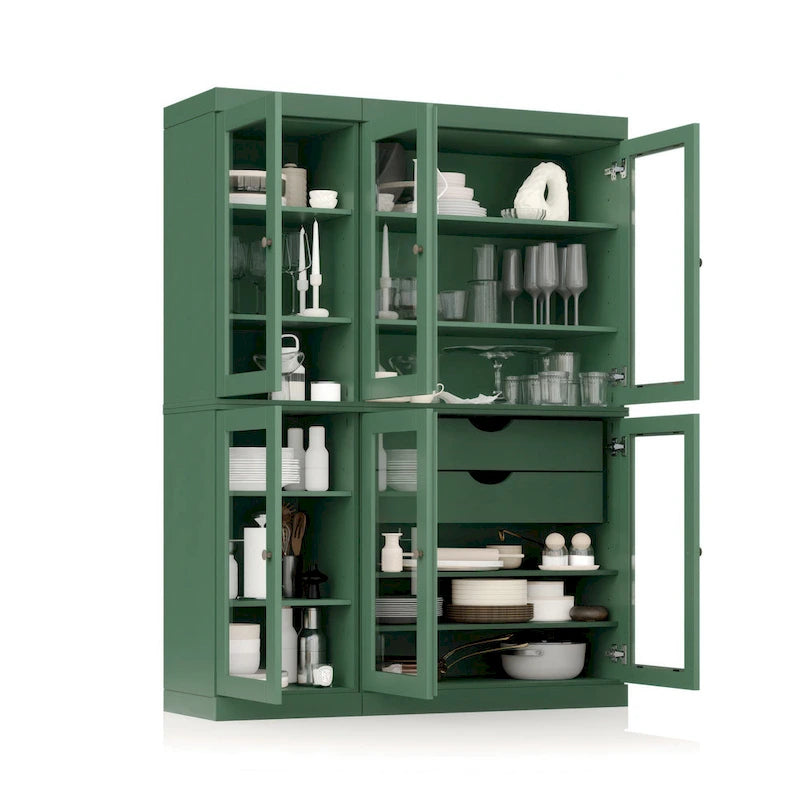 48.5 Inch Wide Solid Wood Pantry Cabinet with Glass Doors 2 Drawers and Adjustable Shelves Stackable