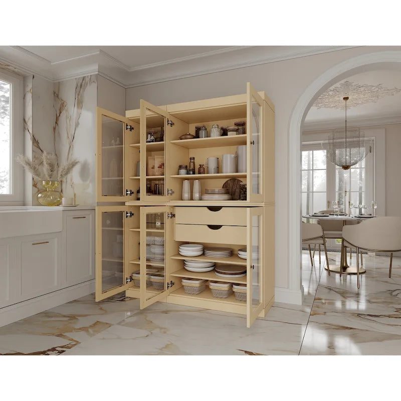 48.5 Inch Wide Solid Wood Pantry Cabinet with Glass Doors 2 Drawers and Adjustable Shelves Stackable