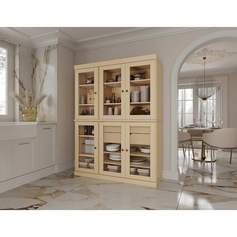 48.5 Inch Wide Solid Wood Pantry Cabinet with Glass Doors 2 Drawers and Adjustable Shelves Stackable