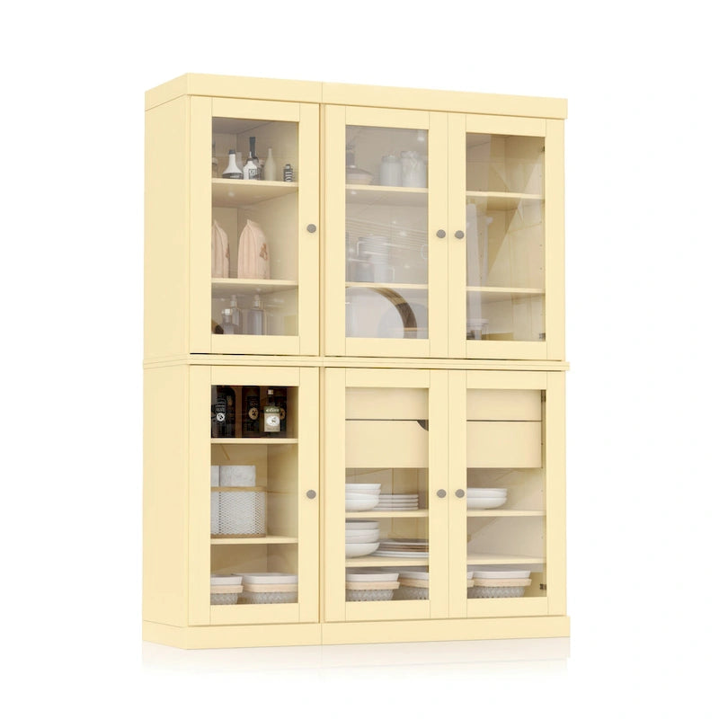 48.5 Inch Wide Solid Wood Pantry Cabinet with Glass Doors 2 Drawers and Adjustable Shelves Stackable