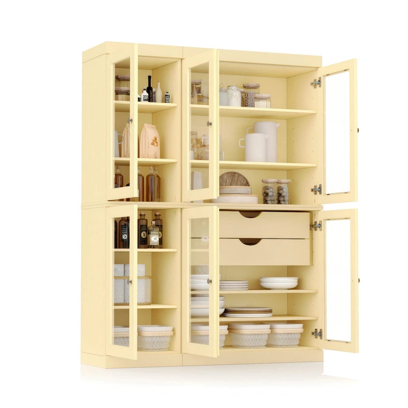 48.5 Inch Wide Solid Wood Pantry Cabinet with Glass Doors 2 Drawers and Adjustable Shelves Stackable