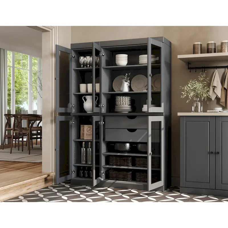 48.5 Inch Wide Solid Wood Pantry Cabinet with Glass Doors 2 Drawers and Adjustable Shelves Stackable