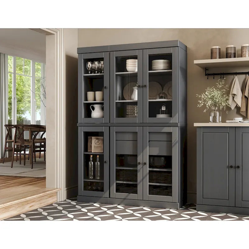 48.5 Inch Wide Solid Wood Pantry Cabinet with Glass Doors 2 Drawers and Adjustable Shelves Stackable