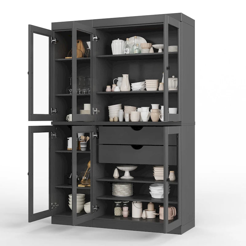 48.5 Inch Wide Solid Wood Pantry Cabinet with Glass Doors 2 Drawers and Adjustable Shelves Stackable