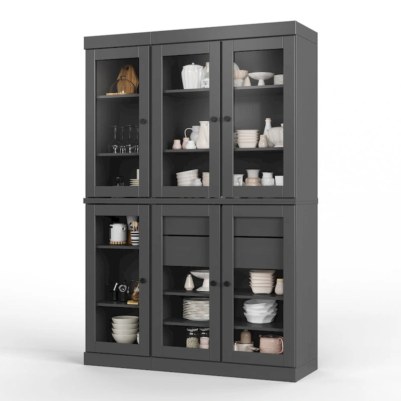 48.5 Inch Wide Solid Wood Pantry Cabinet with Glass Doors 2 Drawers and Adjustable Shelves Stackable