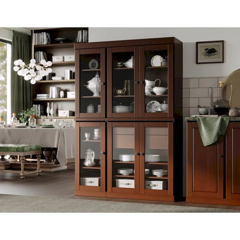 48.5 Inch Wide Solid Wood Pantry Cabinet with Glass Doors 2 Drawers and Adjustable Shelves Stackable
