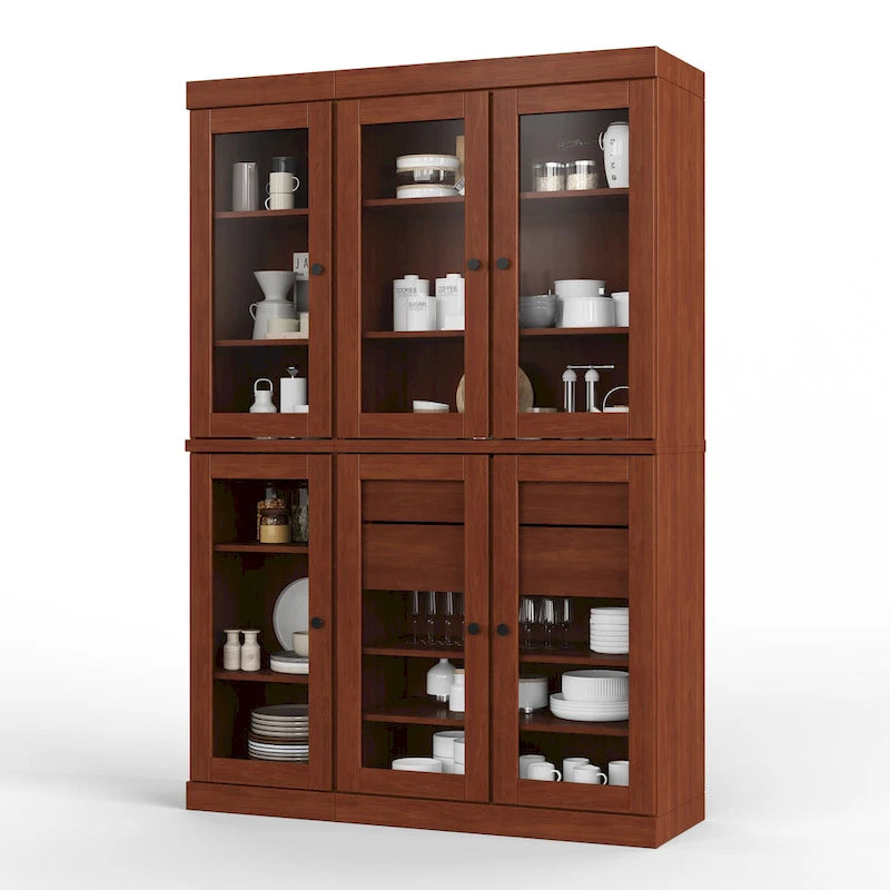 48.5 Inch Wide Solid Wood Pantry Cabinet with Glass Doors 2 Drawers and Adjustable Shelves Stackable