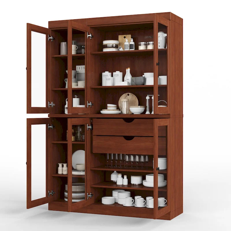 48.5 Inch Wide Solid Wood Pantry Cabinet with Glass Doors 2 Drawers and Adjustable Shelves Stackable