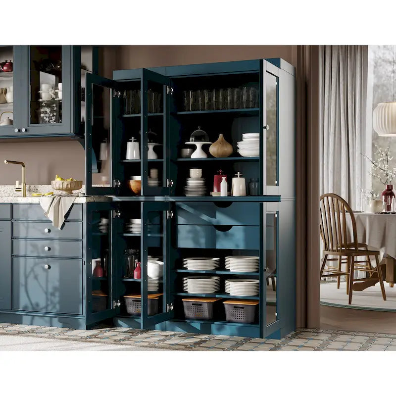 48.5 Inch Wide Solid Wood Pantry Cabinet with Glass Doors 2 Drawers and Adjustable Shelves Stackable