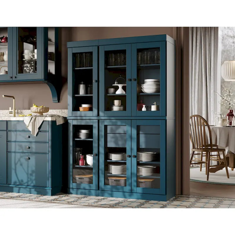 48.5 Inch Wide Solid Wood Pantry Cabinet with Glass Doors 2 Drawers and Adjustable Shelves Stackable