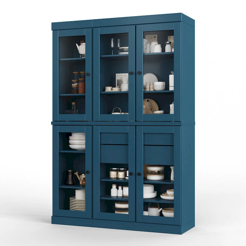 48.5 Inch Wide Solid Wood Pantry Cabinet with Glass Doors 2 Drawers and Adjustable Shelves Stackable