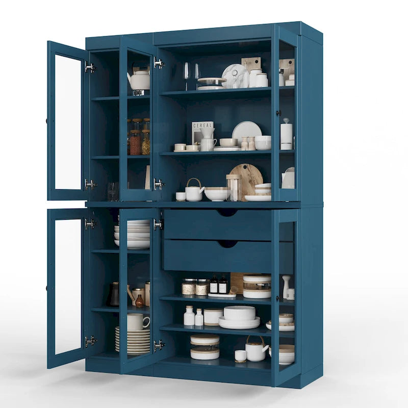 48.5 Inch Wide Solid Wood Pantry Cabinet with Glass Doors 2 Drawers and Adjustable Shelves Stackable