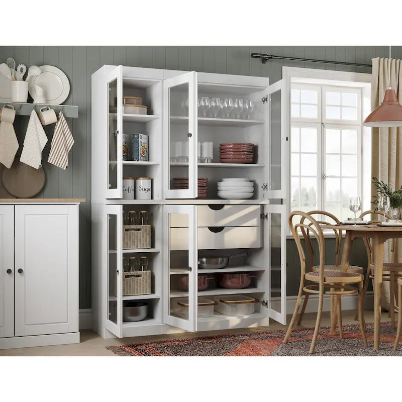 48.5 Inch Wide Solid Wood Pantry Cabinet with Glass Doors 2 Drawers and Adjustable Shelves Stackable