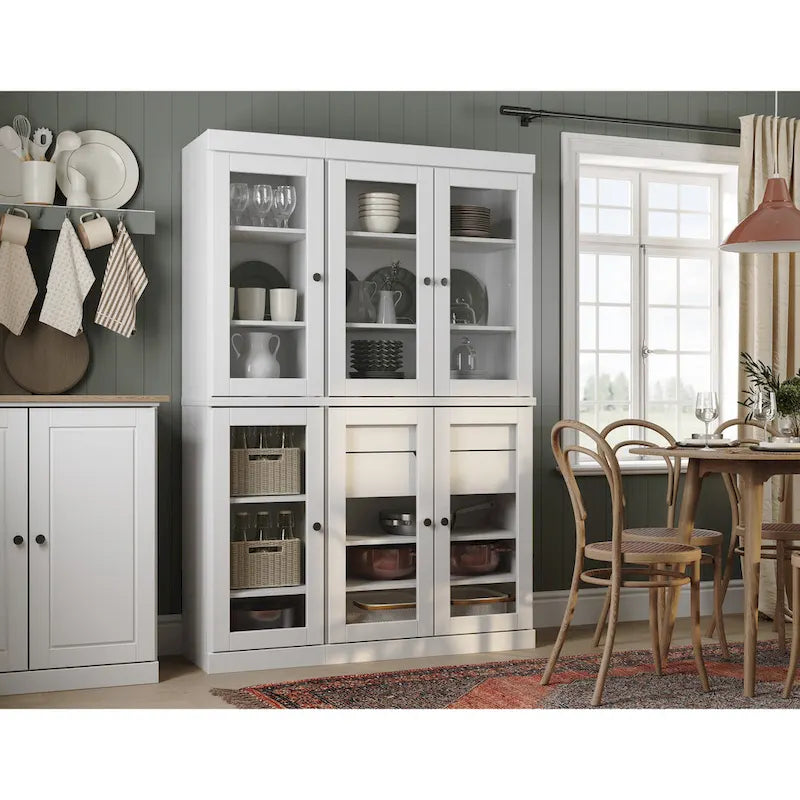 48.5 Inch Wide Solid Wood Pantry Cabinet with Glass Doors 2 Drawers and Adjustable Shelves Stackable