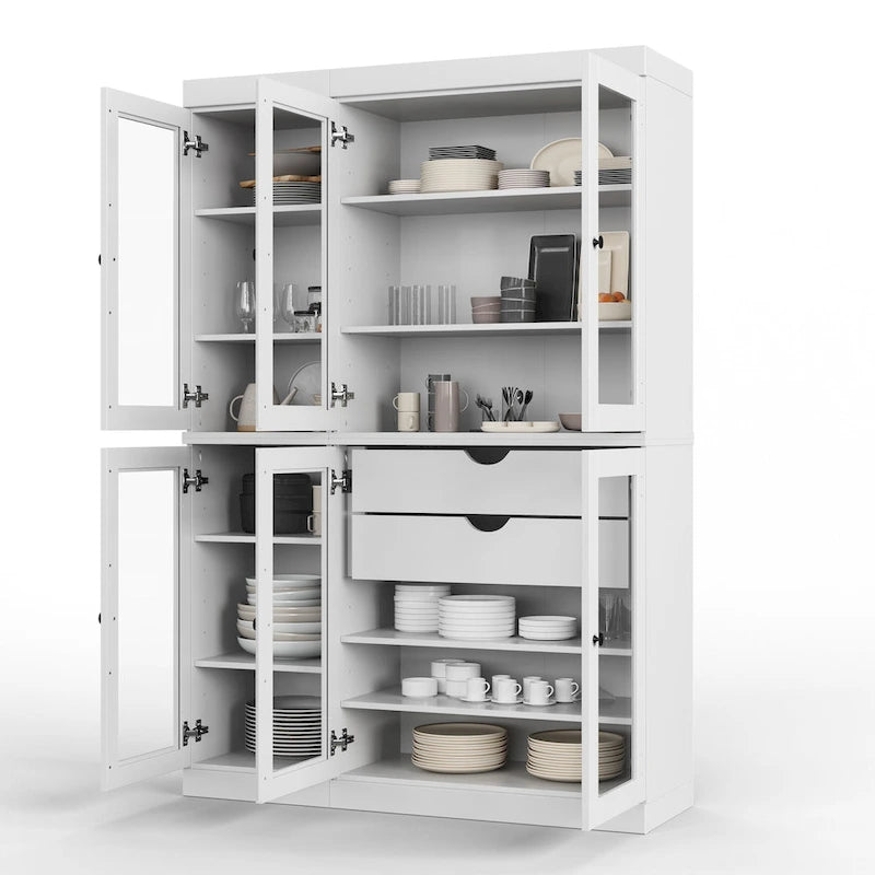48.5 Inch Wide Solid Wood Pantry Cabinet with Glass Doors 2 Drawers and Adjustable Shelves Stackable
