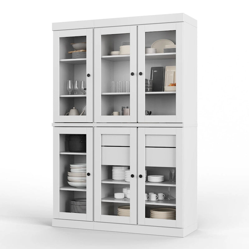 48.5 Inch Wide Solid Wood Pantry Cabinet with Glass Doors 2 Drawers and Adjustable Shelves Stackable